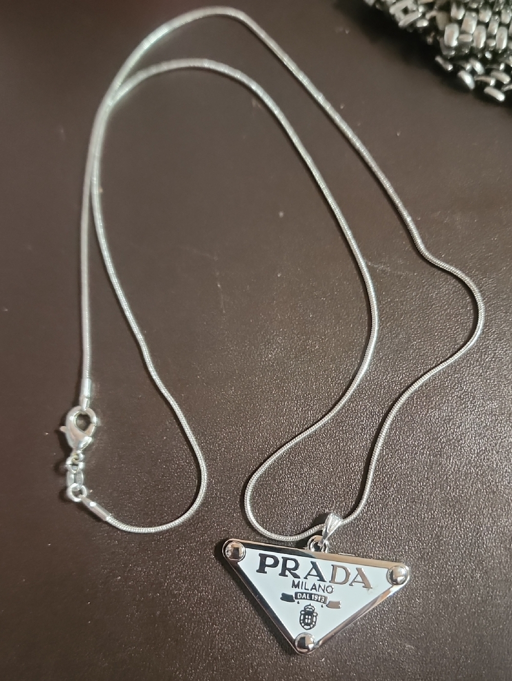Prada White Enamel Triangle Charm W/added 22" Necklace Marked 925. Reg.# On Back - Picture 2 of 6